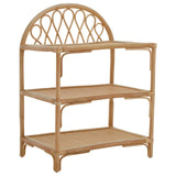 Three-tier shelf unit made of natural rattan featuring an arched top design and open shelving. The unit has a light, neutral color and a woven pattern on the sides, providing a stylish and airy look suitable for home decor