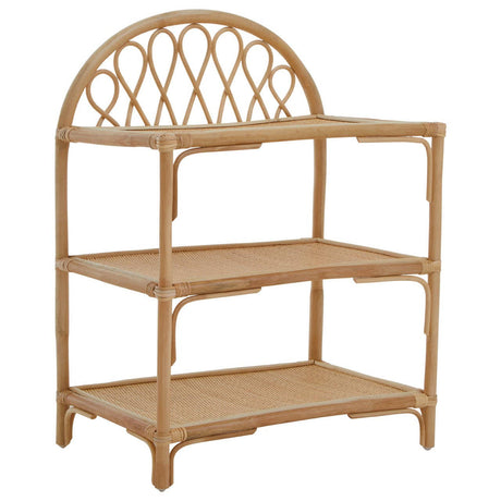 Three-tier shelf unit made of natural rattan featuring an arched top design and open shelving. The unit has a light, neutral color and a woven pattern on the sides, providing a stylish and airy look suitable for home decor