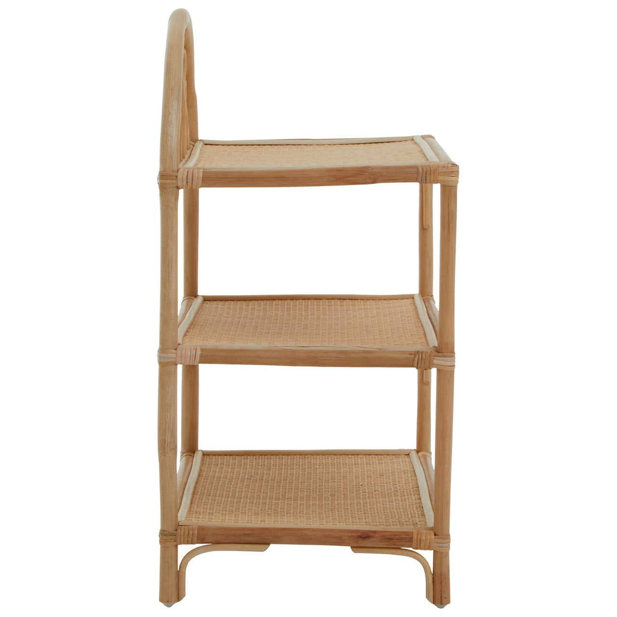 Three-tier shelf unit made of natural rattan, featuring a simple design with three open shelves and a curved backrest. The unit has a light, neutral color that highlights the texture of the rattan