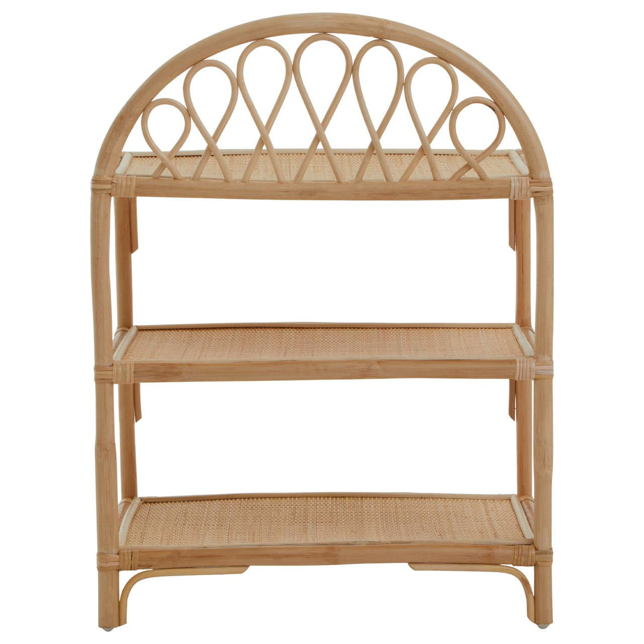 Three-tier shelf unit made of natural rattan featuring an arched top design and open shelving for storage or display. The unit has a light, neutral color that complements various decor styles