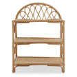 Three-tier shelf unit made of natural rattan featuring a curved top design and open shelves, showcasing a light brown finish. The unit has a woven pattern on the back and sides, providing a decorative touch while maintaining a functional storage space