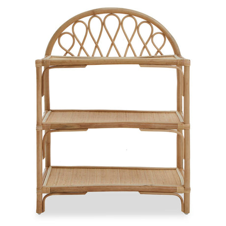 Three-tier shelf unit made of natural rattan featuring a curved top design and open shelves, showcasing a light brown finish. The unit has a woven pattern on the back and sides, providing a decorative touch while maintaining a functional storage space