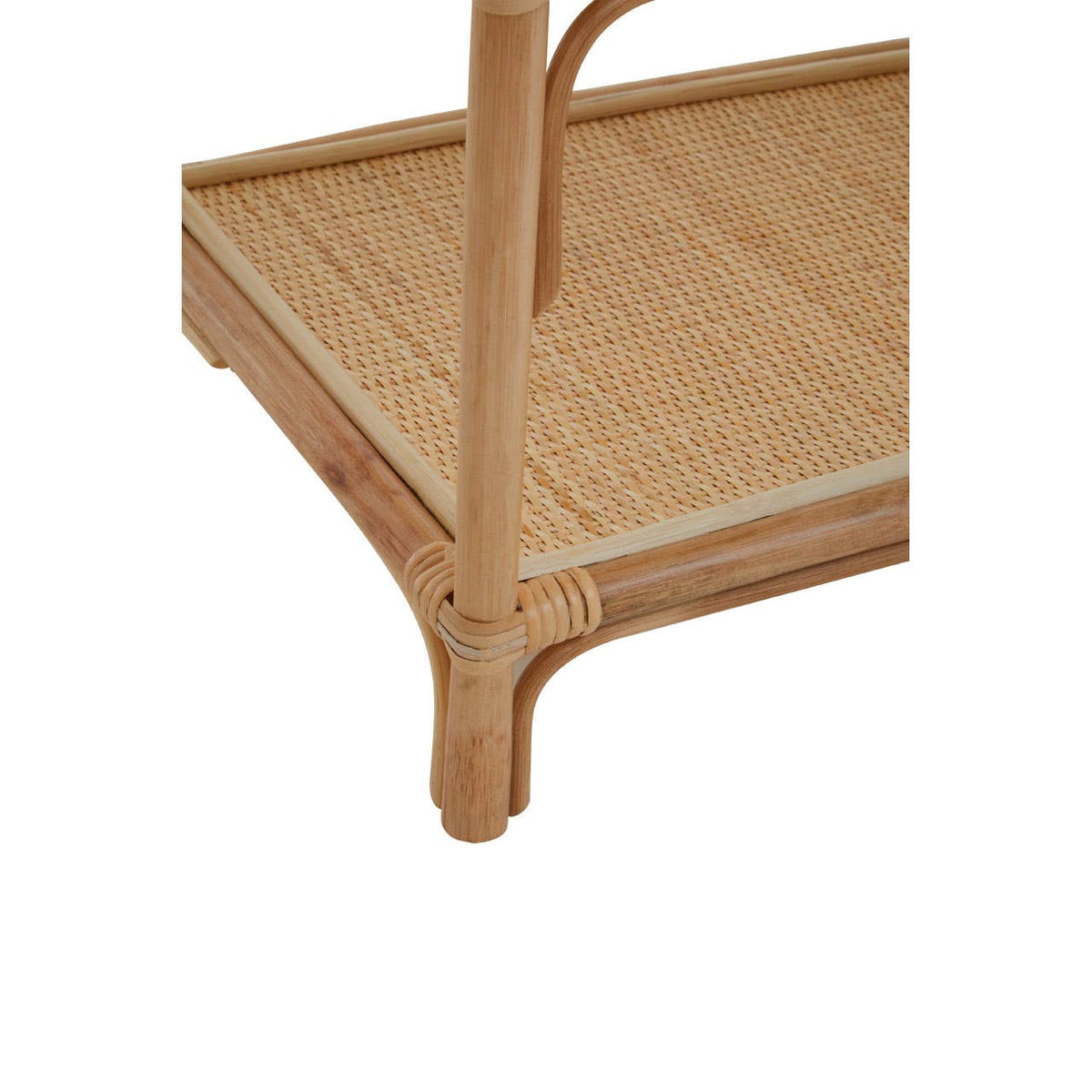 Three-tier shelf unit made of natural rattan, featuring a sturdy frame with rounded edges and a woven texture on the shelves, showcasing a light brown finish