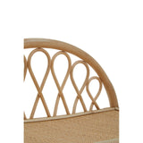 Natural rattan shelf unit featuring three tiers with a curved top and decorative woven pattern. The light brown color highlights the organic texture of the rattan material