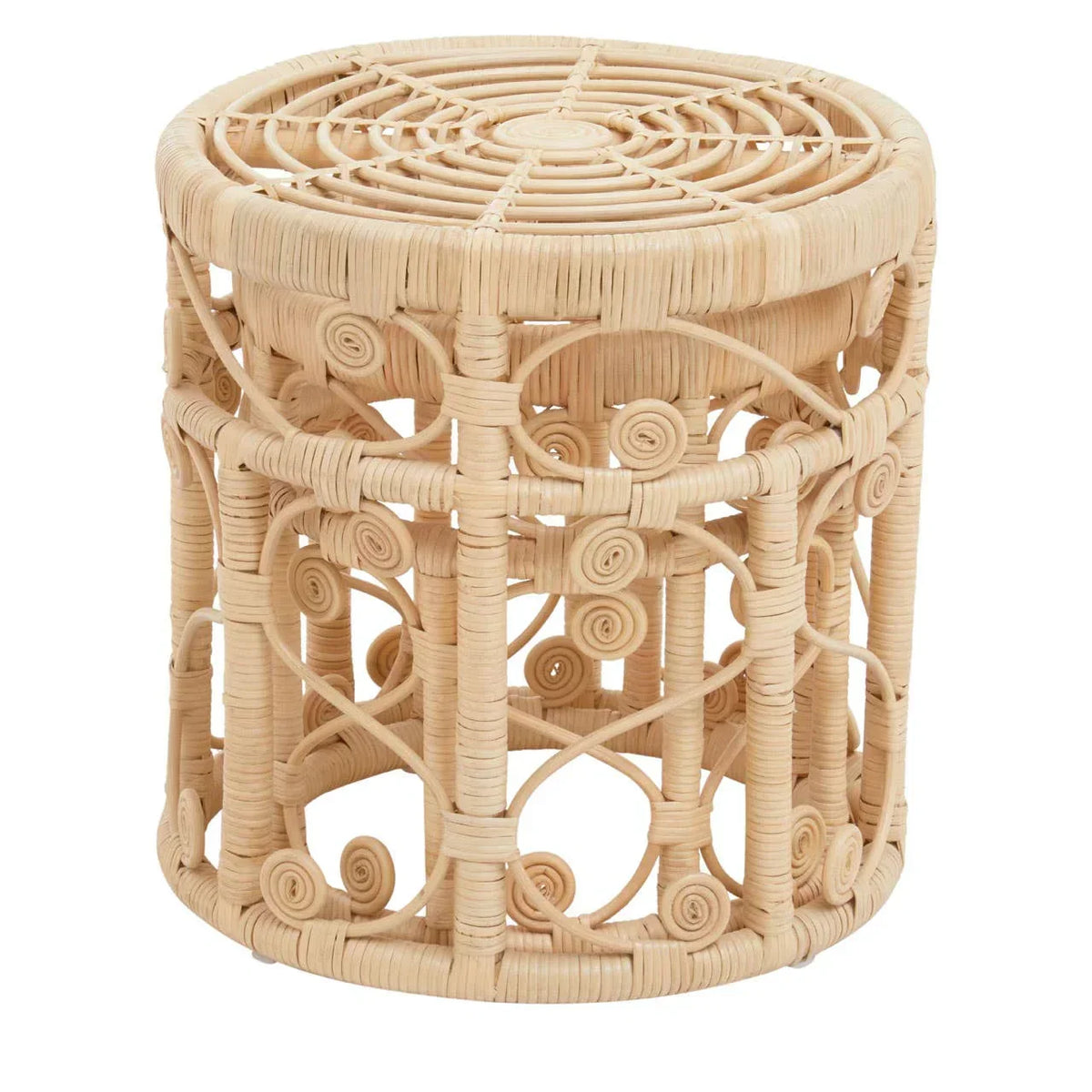 Natural rattan side table with circular spiral detailing and woven round top