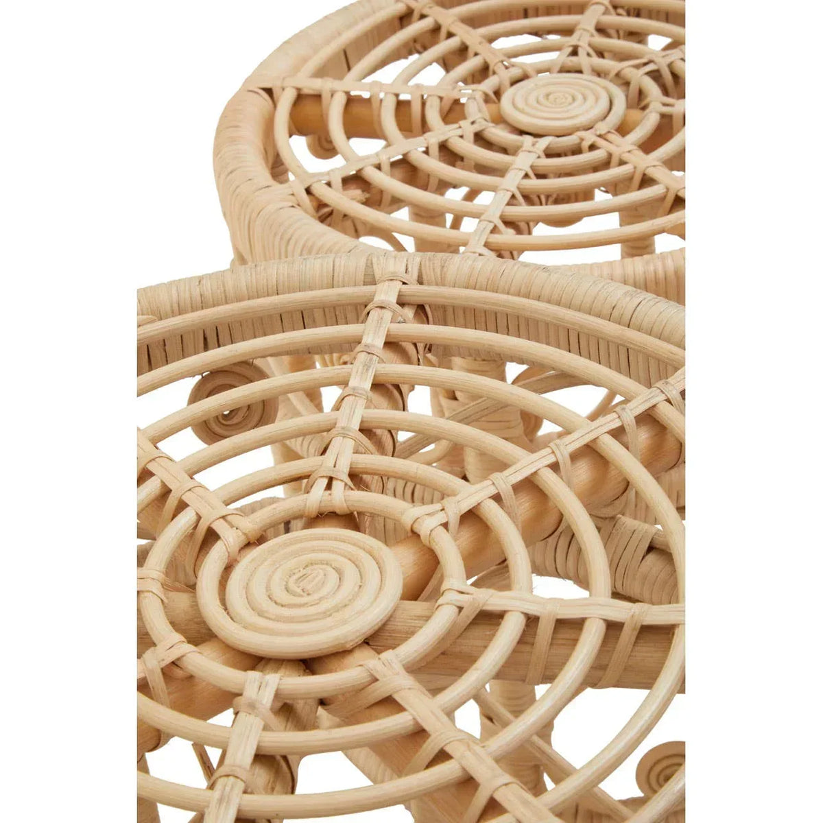 Round rattan side table top with woven spiral and geometric pattern detail