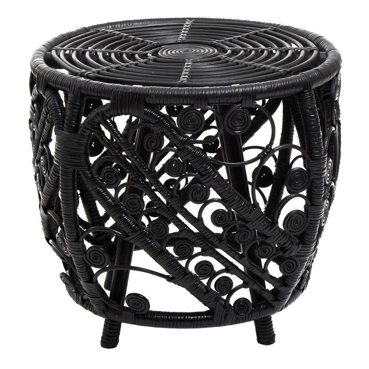 Black woven rattan side table, drum-shaped with open scroll lattice sides