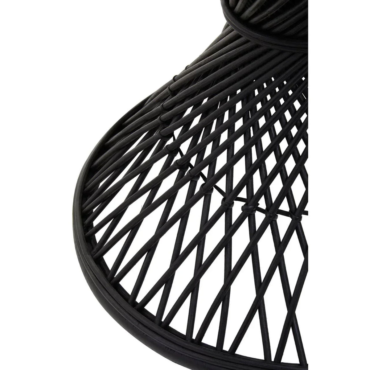 Black rattan dining table base with crisscrossed woven detail, close-up view