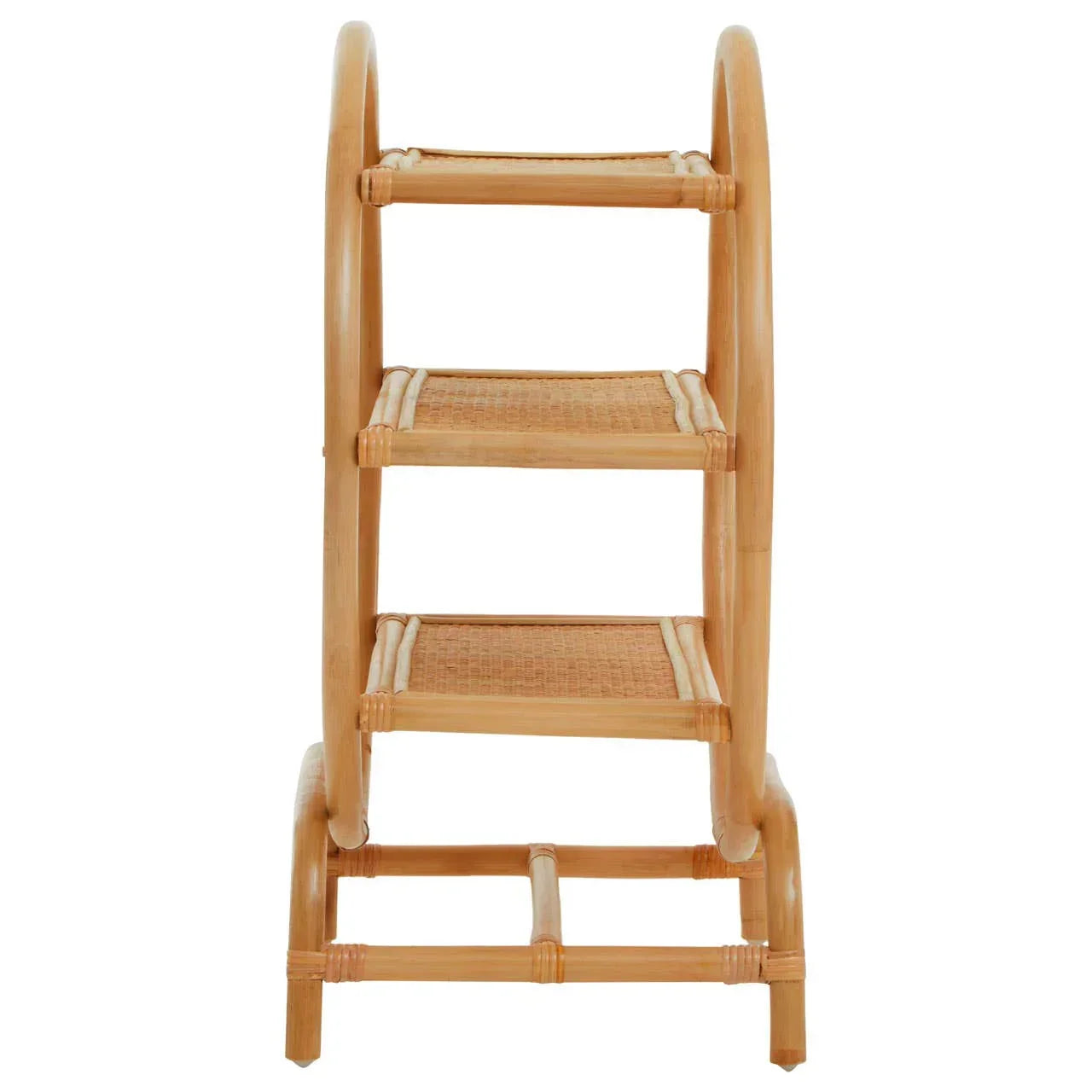 Three tier rattan shelving unit with curved side frames and woven shelves