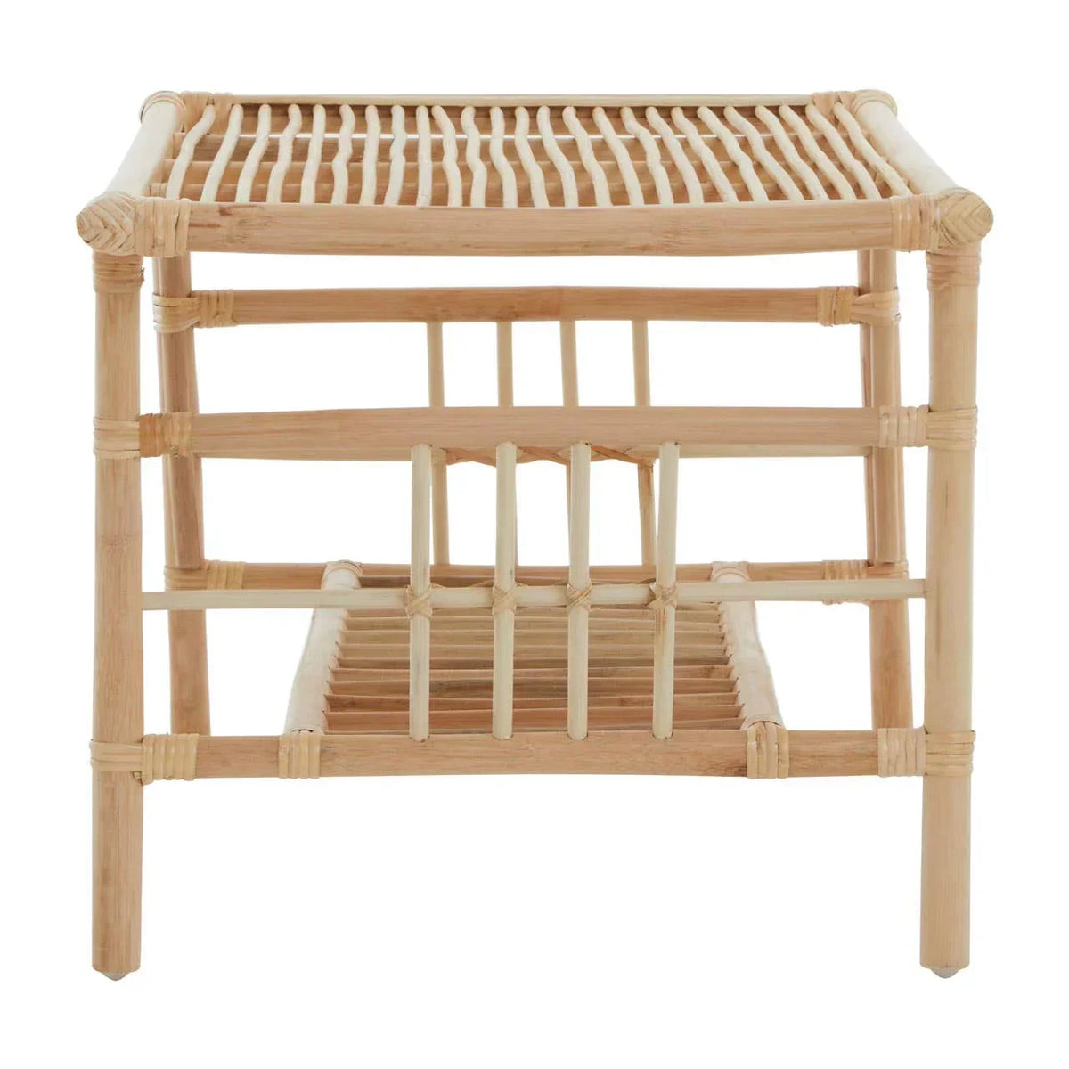 Natural rattan side table with open slatted shelf and square frame, front view