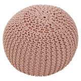 Round pink pouffe with a textured, knitted design, featuring a soft, cozy appearance suitable for children's rooms