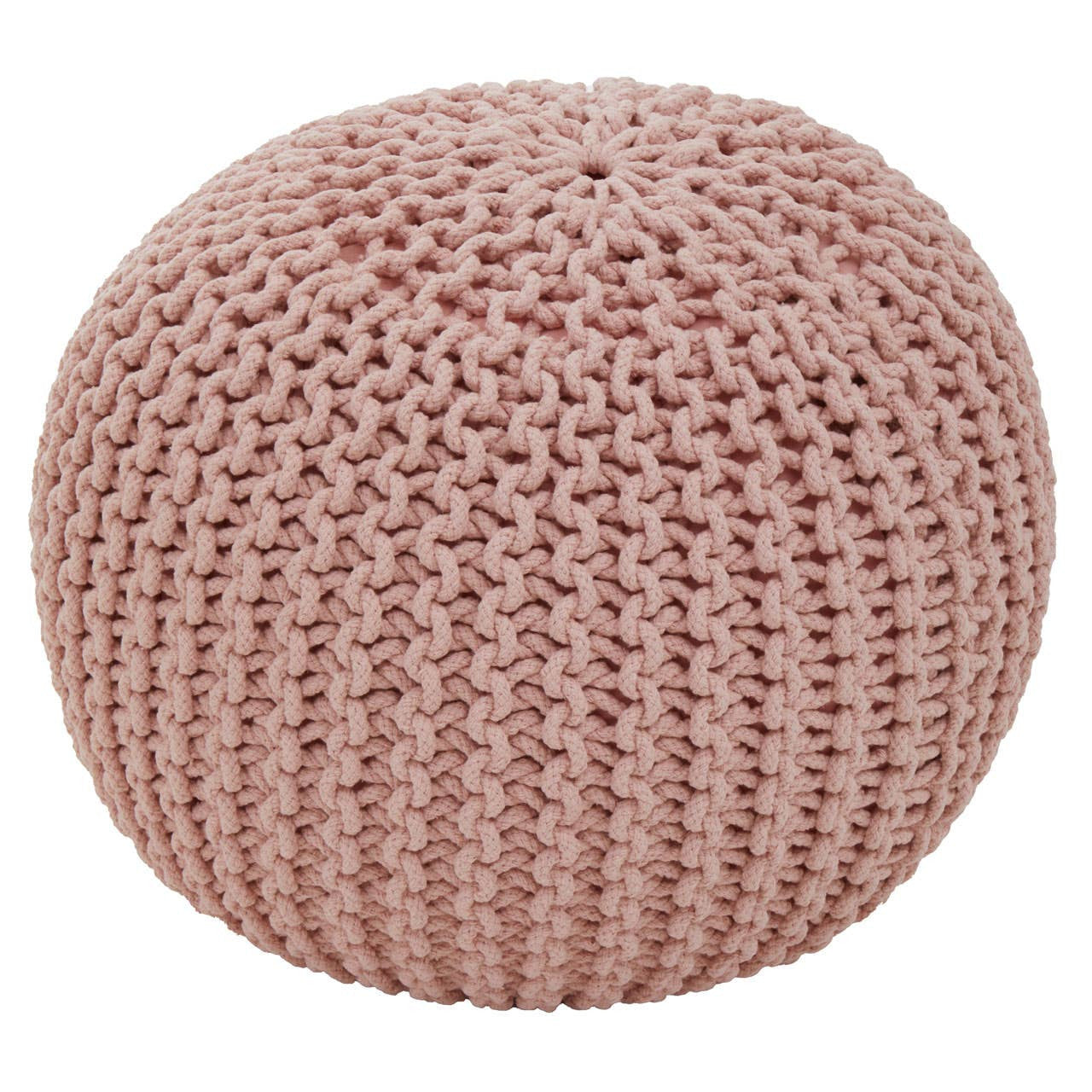 Round pink pouffe with a textured knit pattern, designed for kids' furniture