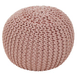 Round pink pouffe with a textured knit pattern, designed for kids' furniture