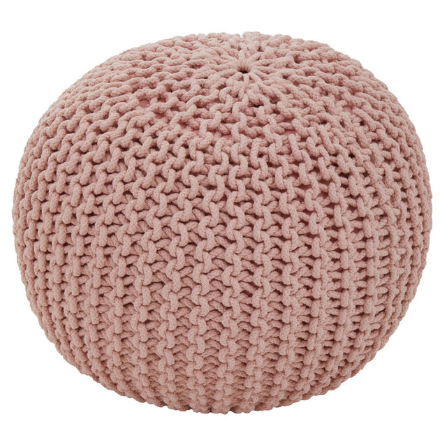 Round pink pouffe with a textured knit pattern, designed for kids' furniture