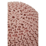 A close-up view of a pink pouffe featuring a textured, knitted design with a circular pattern, showcasing its soft and cozy appearance. The pouffe has a rounded top and a slightly curved edge, making it suitable for children's rooms or playful spaces
