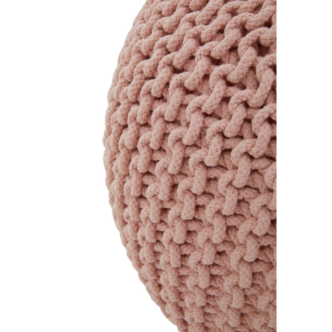 Round pink pouffe with a textured knit pattern, showcasing a soft and cozy appearance. The pouffe is partially visible, highlighting its rounded shape and gentle color