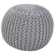 Round grey knit pouffe with a textured surface, featuring a cozy and soft appearance, suitable for children's rooms or play areas