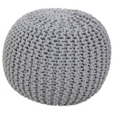Round grey knit pouffe with a textured surface, featuring a cozy and soft appearance, suitable for children's rooms or play areas
