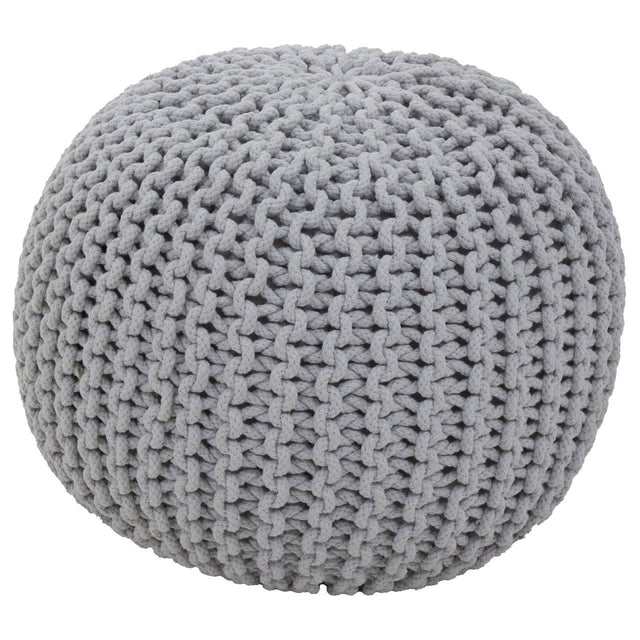 Round grey knit pouffe with a textured surface, featuring a cozy and soft appearance, suitable for children's rooms or play areas