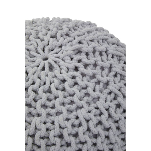 A textured grey knit pouffe featuring a soft, chunky design with a round shape, ideal for children's rooms or play areas