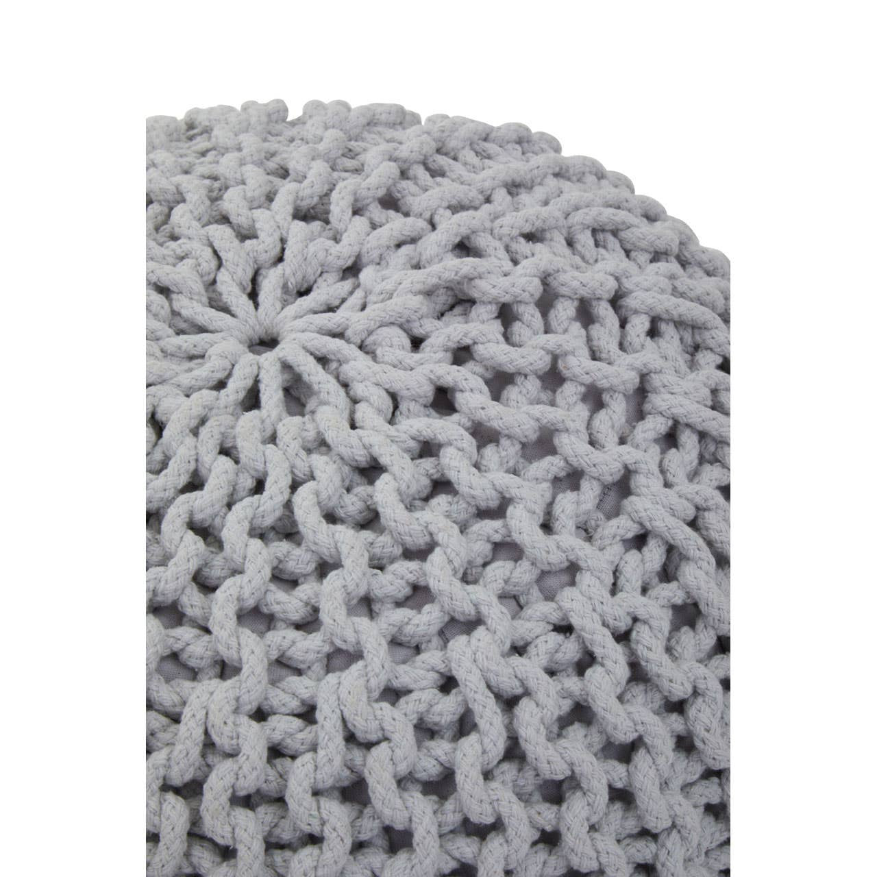 A textured grey knit pouffe featuring a soft, chunky design with a round shape, ideal for children's rooms or play areas