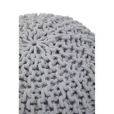 A textured grey knit pouffe featuring a soft, chunky design with a round shape, ideal for children's rooms or play areas