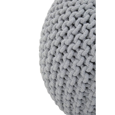 A close-up view of a round grey knit pouffe, showcasing its textured, woven pattern and soft fabric. The pouffe has a smooth, rounded shape and is designed for comfort and style in a children's room