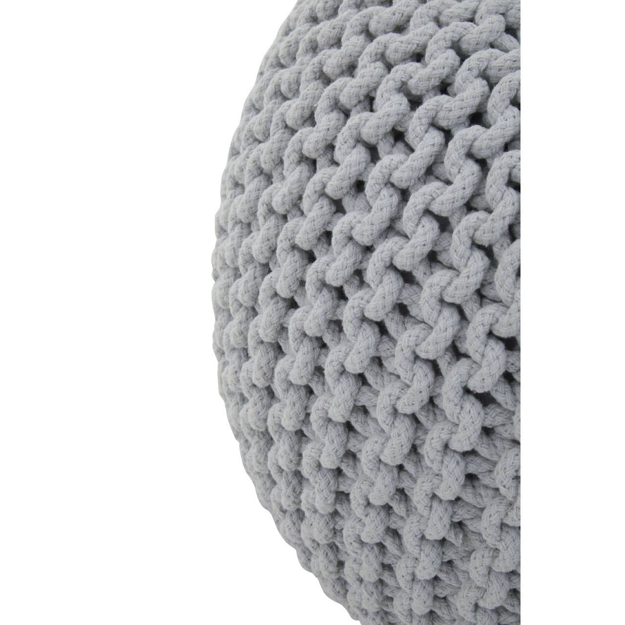 A close-up view of a round grey knit pouffe, showcasing its textured, woven pattern and soft fabric. The pouffe has a smooth, rounded shape and is designed for comfort and style in a children's room