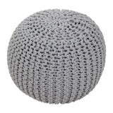 Round grey knit pouffe with a textured surface, designed for children's rooms, featuring a soft and cozy appearance