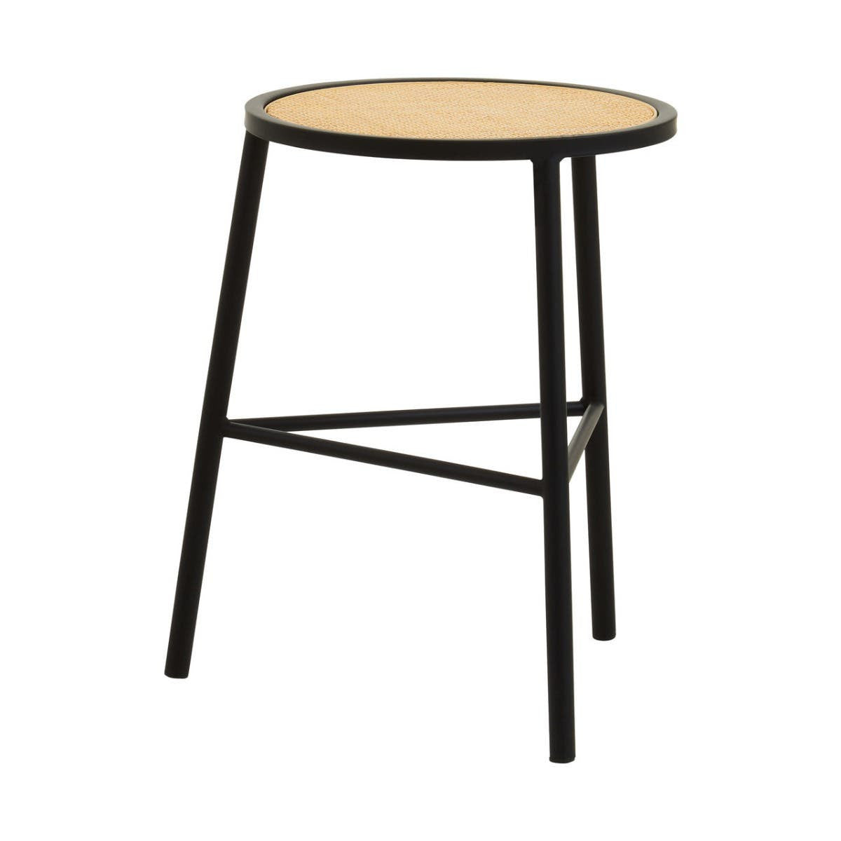 Round rattan seat stool with a natural finish, supported by sleek black metal legs. The stool features a minimalist design with a sturdy base and a crossbar for added stability