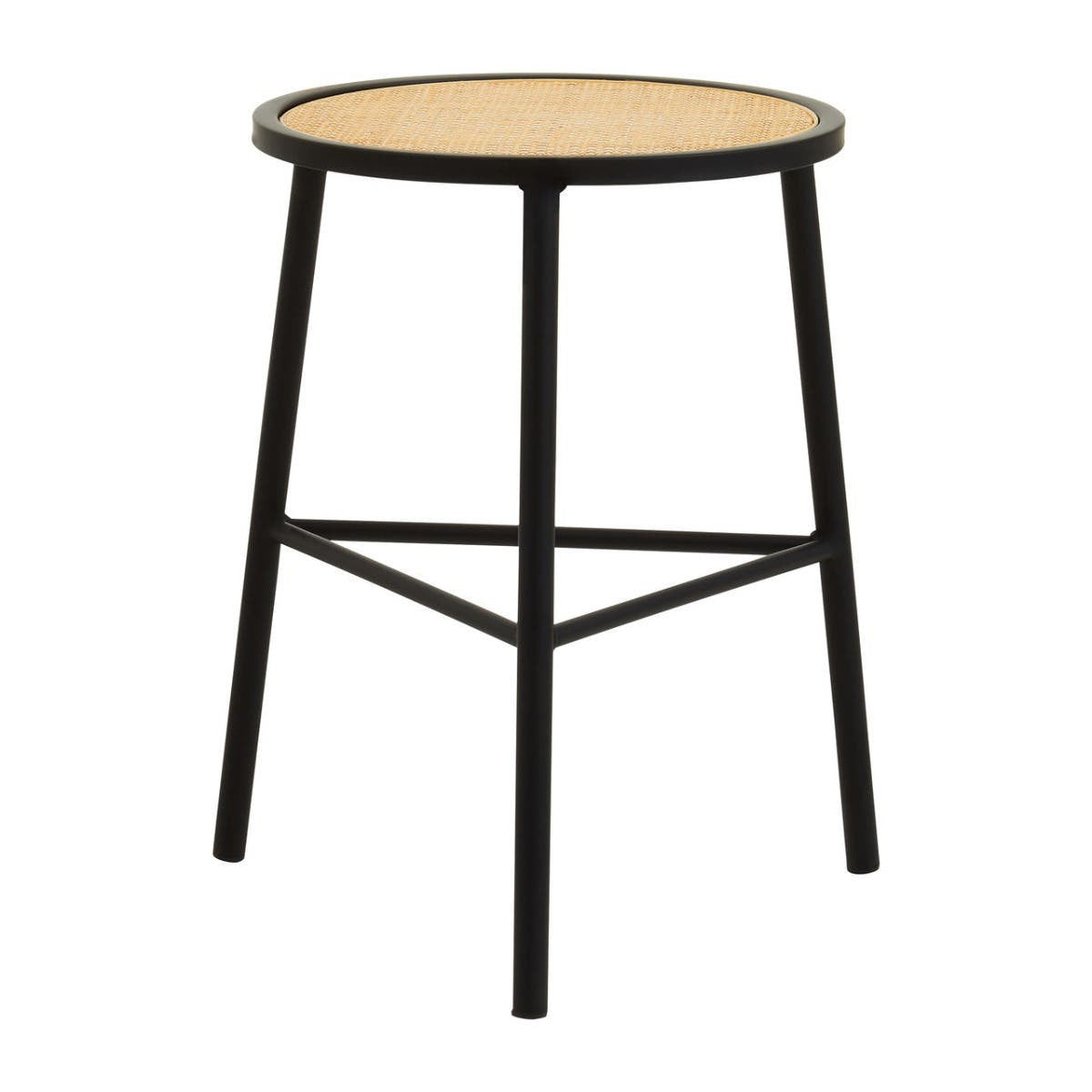 A round stool featuring a natural rattan seat and sturdy black metal legs, designed with a minimalist aesthetic and a crossbar for added stability