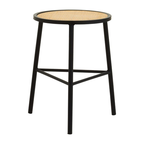 A round stool featuring a natural rattan seat and sturdy black metal legs, designed with a minimalist aesthetic and a crossbar for added stability