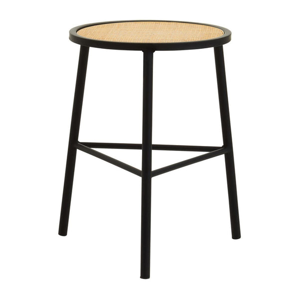 A round stool featuring a natural rattan seat and sturdy black metal legs, designed with a minimalist aesthetic and a crossbar for added stability