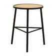 A round stool featuring a natural rattan seat and sturdy black metal legs, designed with a minimalist aesthetic and a crossbar for added stability