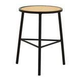 A round stool featuring a natural rattan seat and sturdy black metal legs, designed with a minimalist aesthetic and a crossbar for added stability