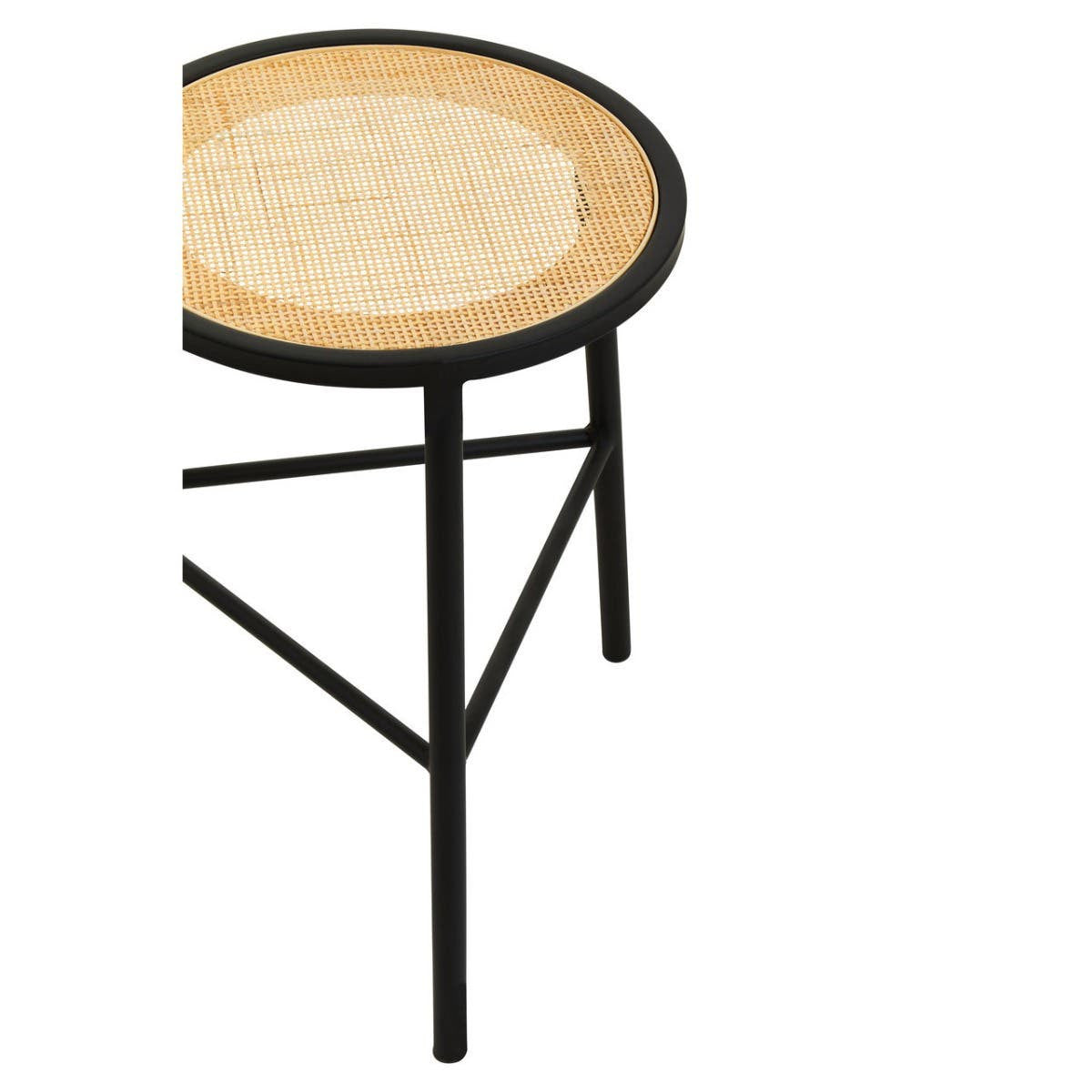 Round stool featuring a natural rattan seat and sleek black metal legs, designed with a minimalist aesthetic. The stool has a woven texture on the seat and a sturdy tripod base for stability