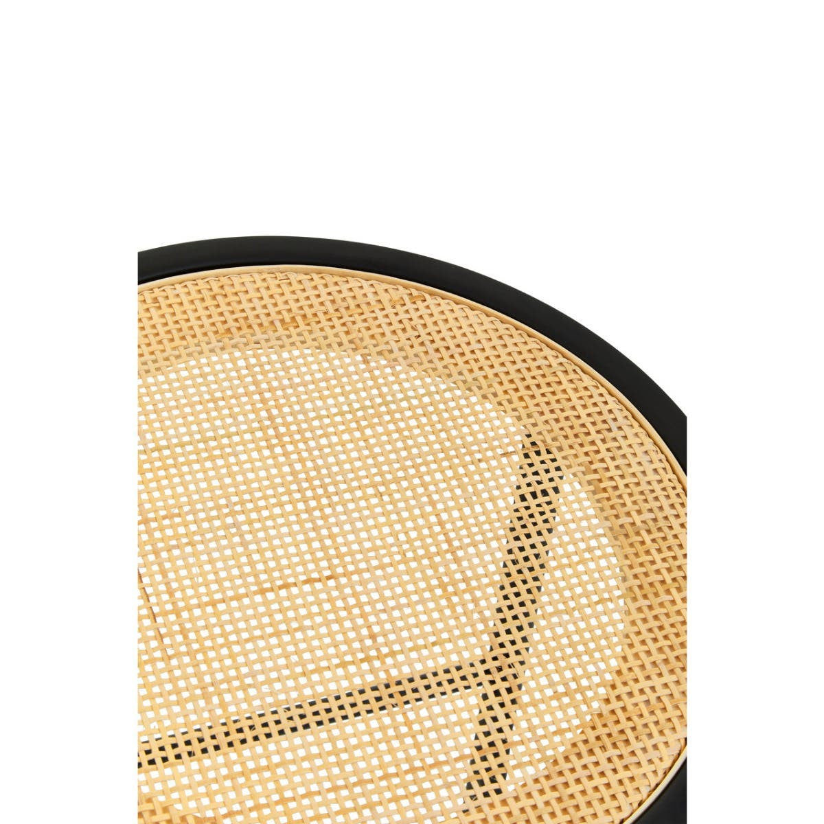 Round seat made of natural rattan with a woven texture, featuring a black metal rim and legs for support. The design highlights a minimalist aesthetic suitable for various home decor styles