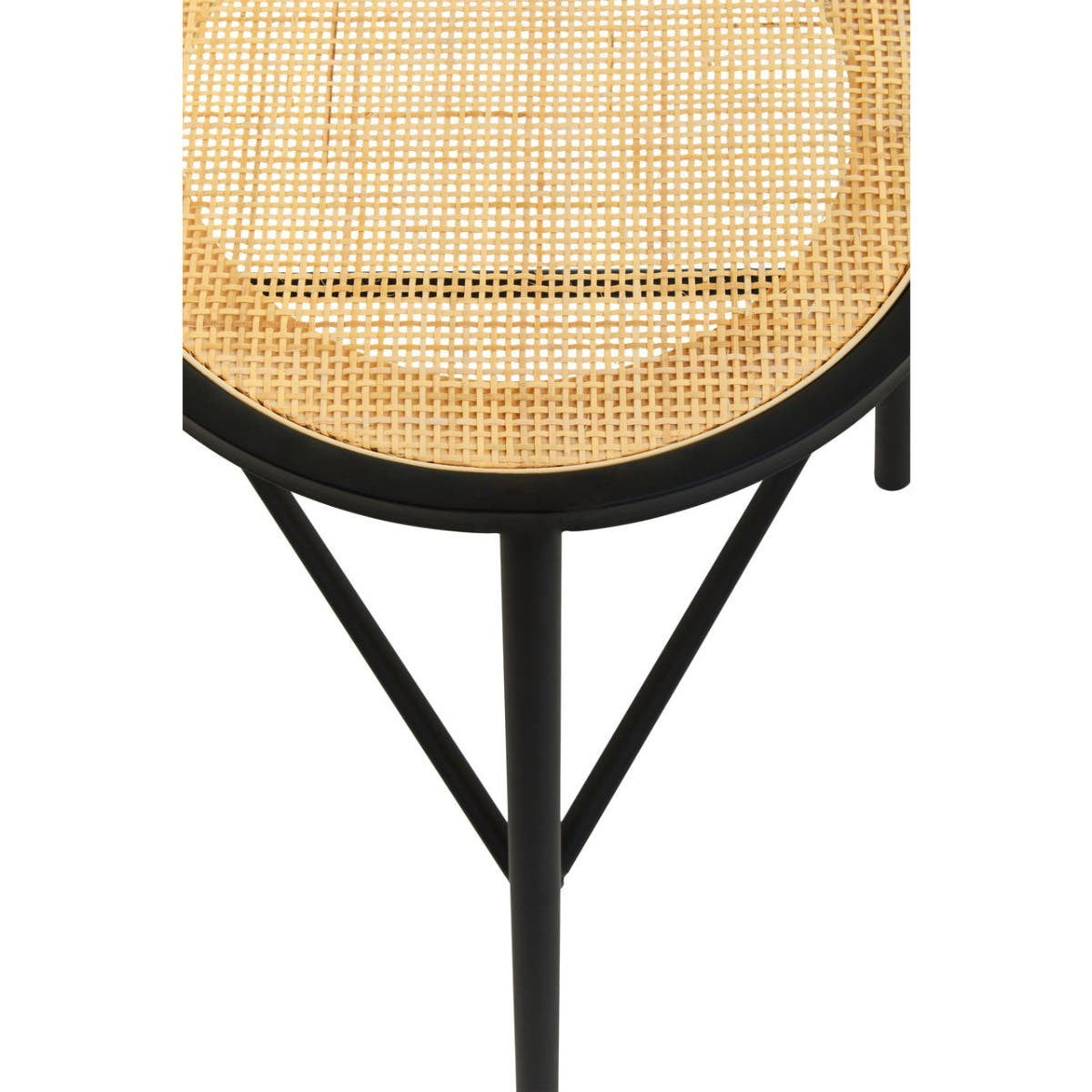 Round rattan seat with a woven texture, supported by sleek black metal legs arranged in a tripod design. The stool features a natural color palette, blending organic materials with modern industrial elements