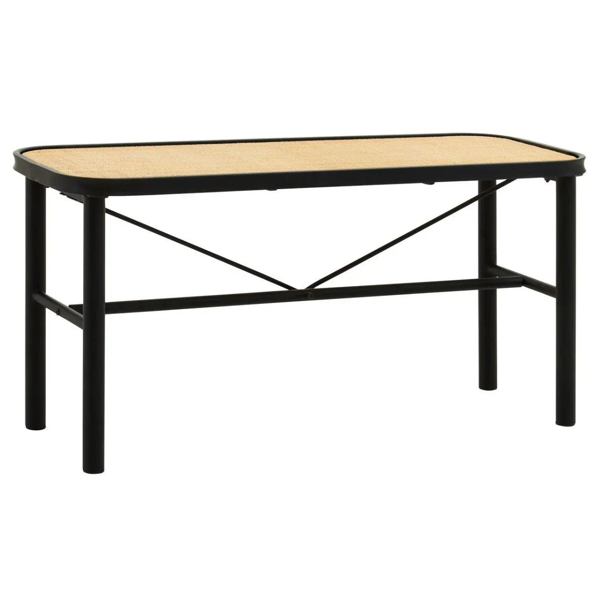Rectangular coffee table with black metal legs and light wood top