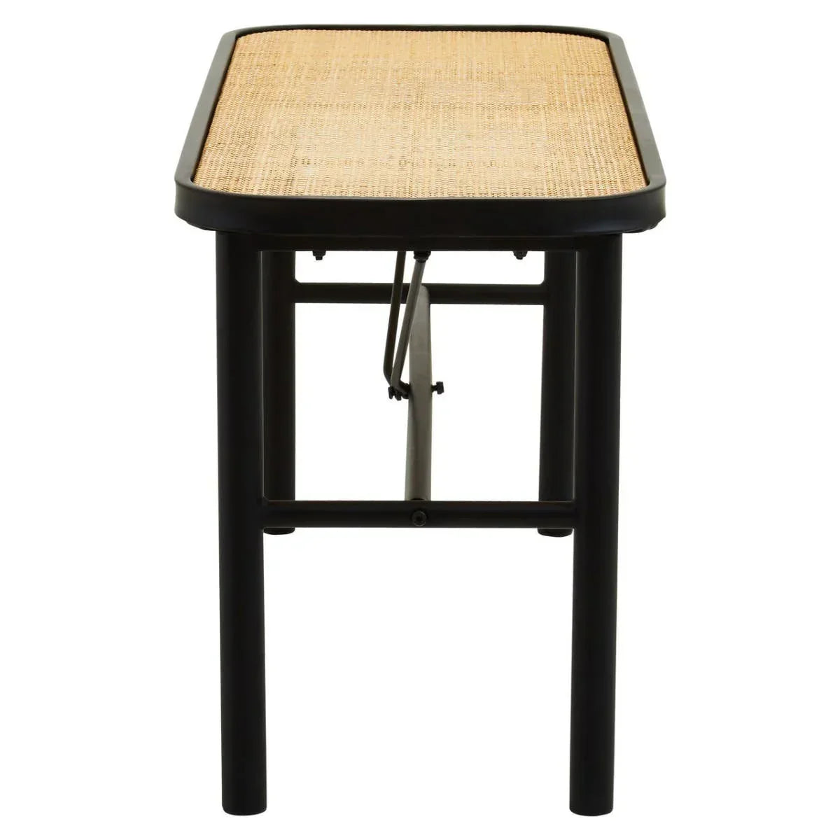 Rectangular folding table with black metal legs and woven rattan top, side view