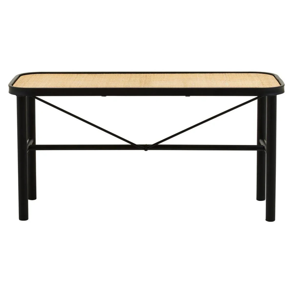 Rectangular wooden coffee table with black metal frame and natural rattan top