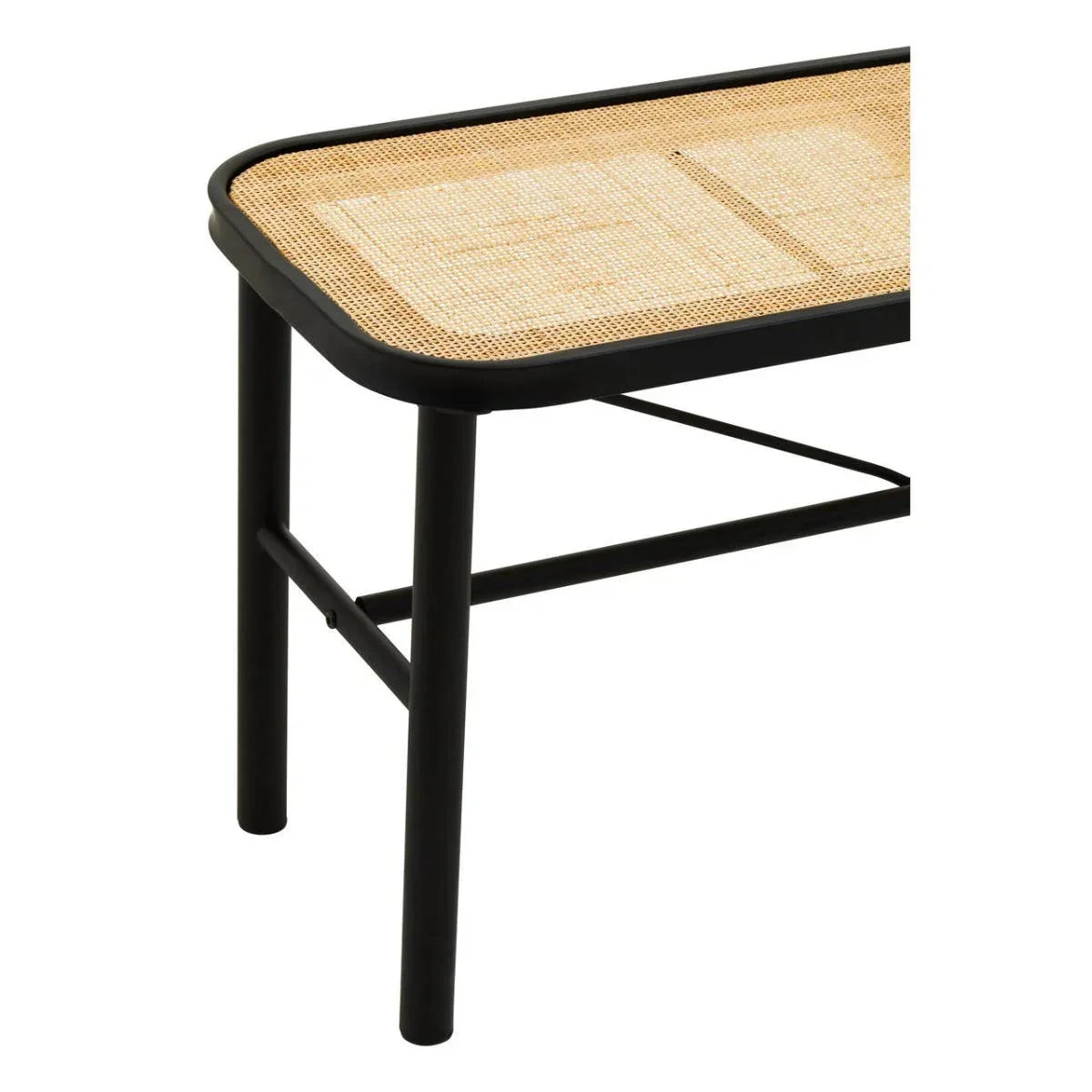 Black frame bench with woven cane seat and rounded edge, partial side view