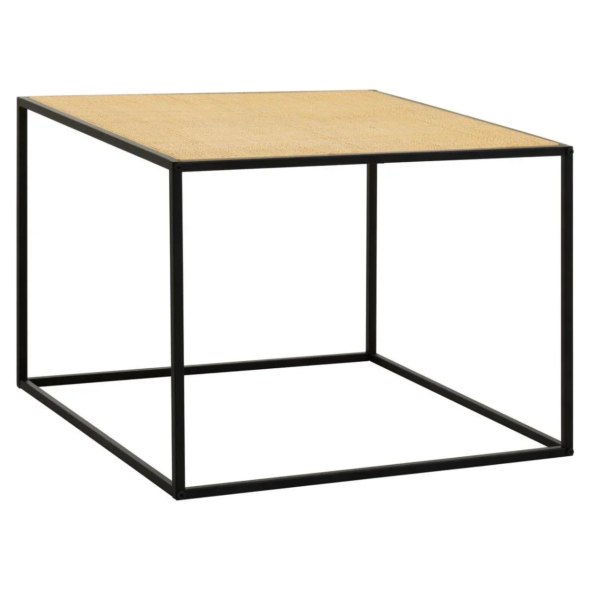 Square modern coffee table with light wood top and black metal frame