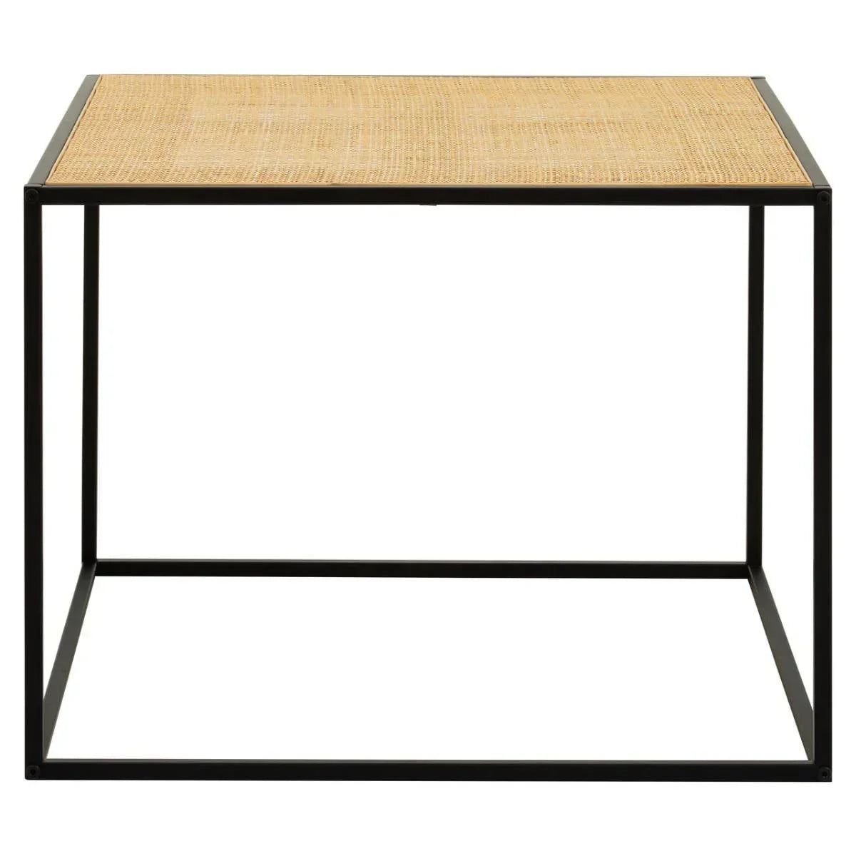 Square side table with rattan top and black metal frame, modern minimalist design
