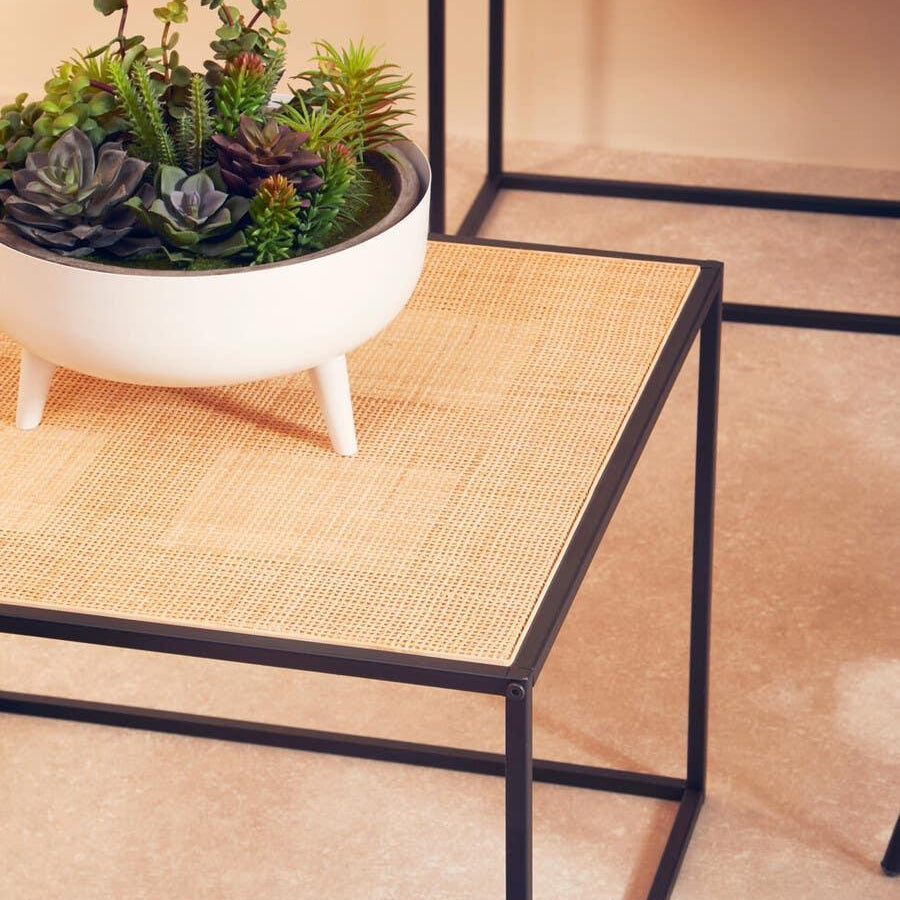 Square rattan side table with black metal frame and white planter with succulents