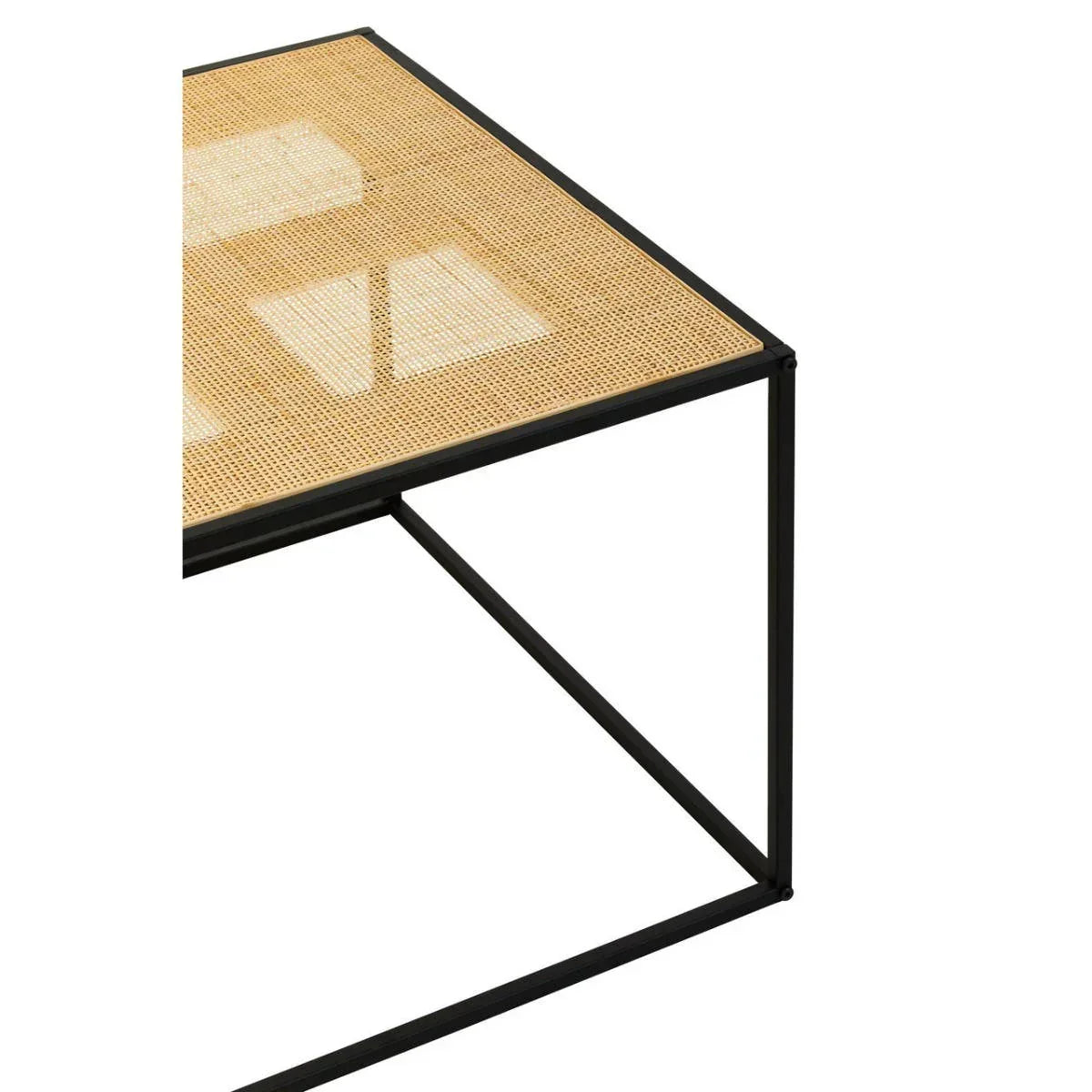 Rattan coffee table with black metal frame and woven top, corner angle view