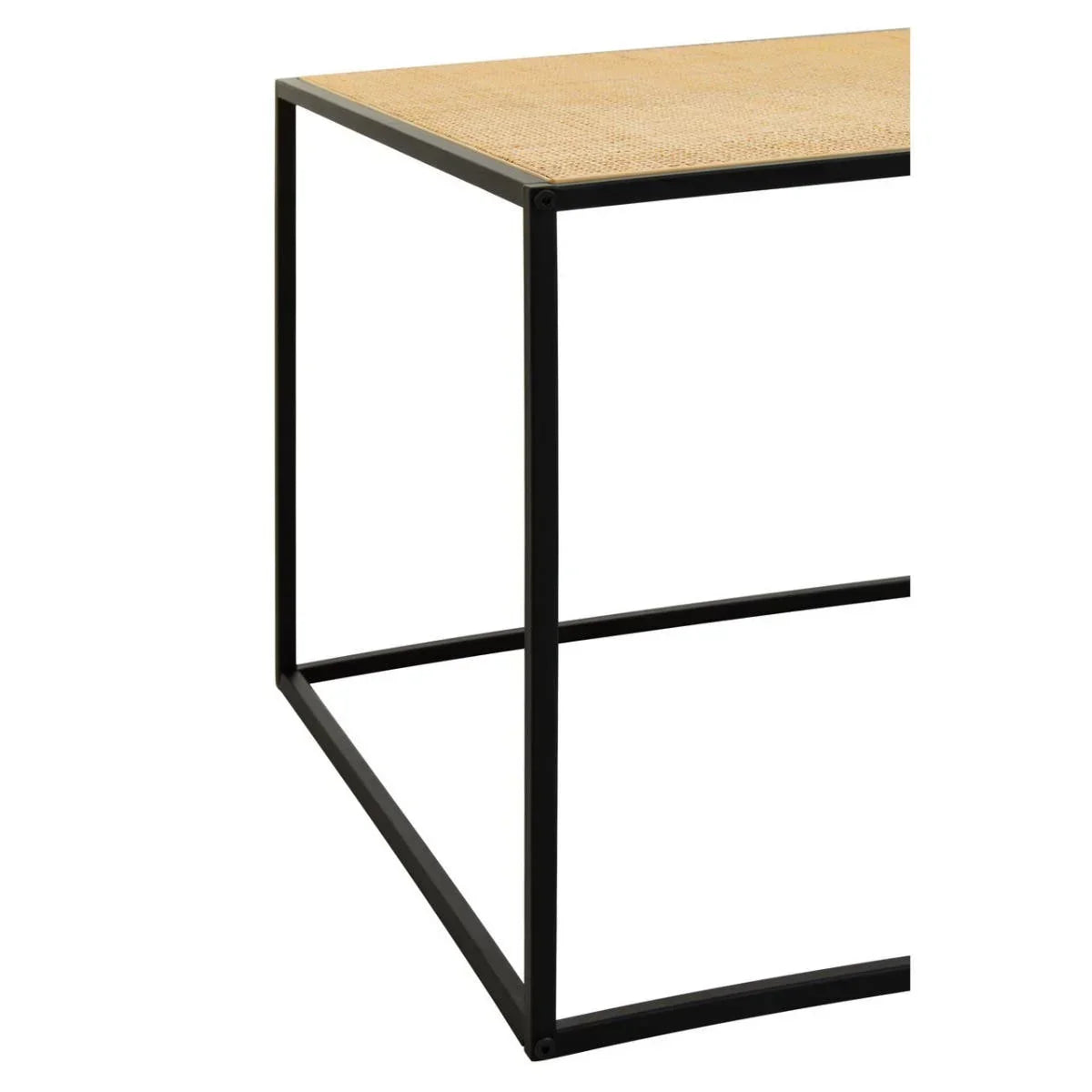 Close-up of square side table with black metal frame and light wood top