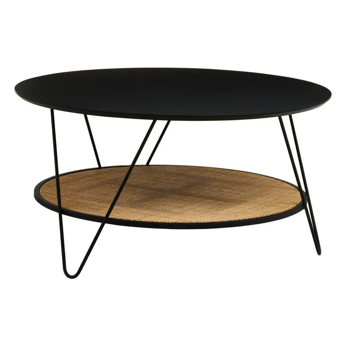 Black round coffee table with metal frame and rattan lower shelf