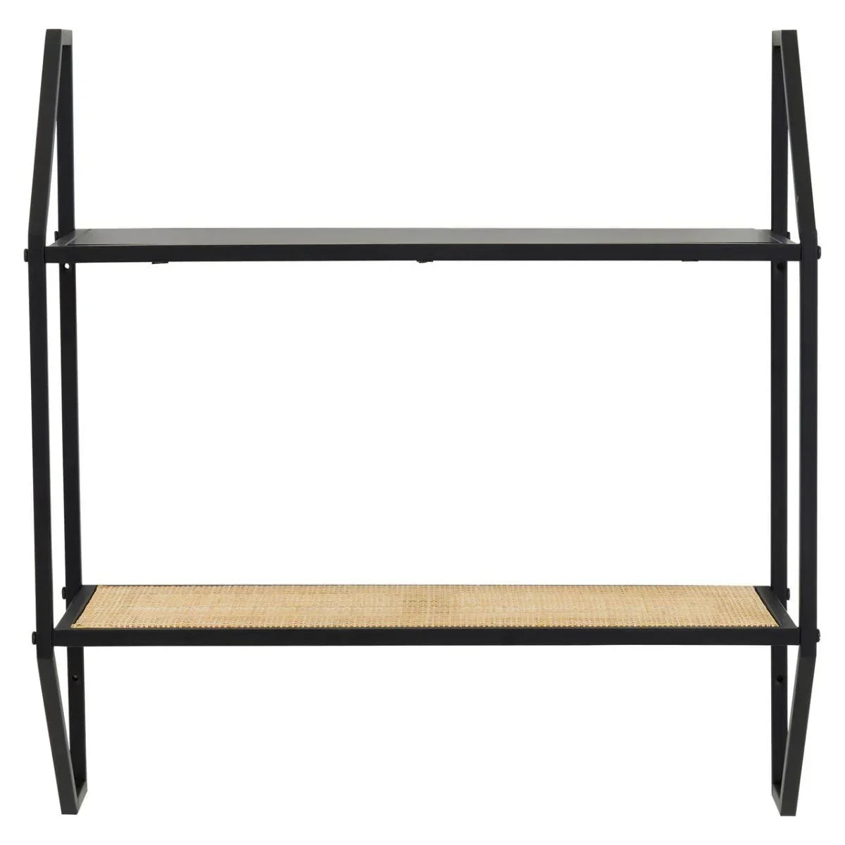 Two tier console table with black metal frame and woven rattan lower shelf