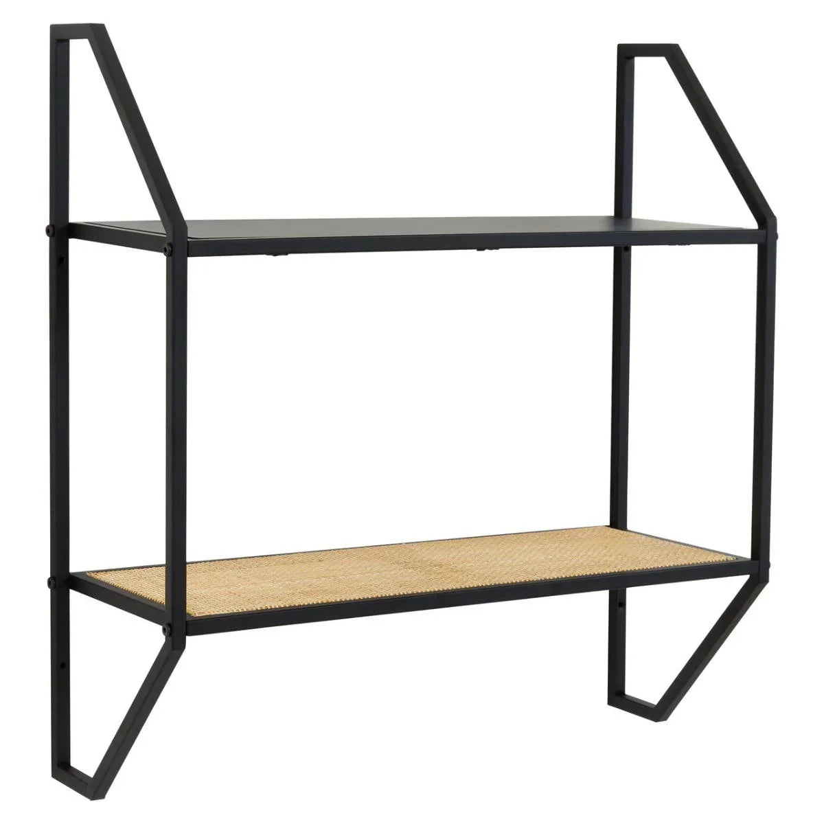 Black metal wall shelf with top black panel and lower rattan storage shelf, side angle view